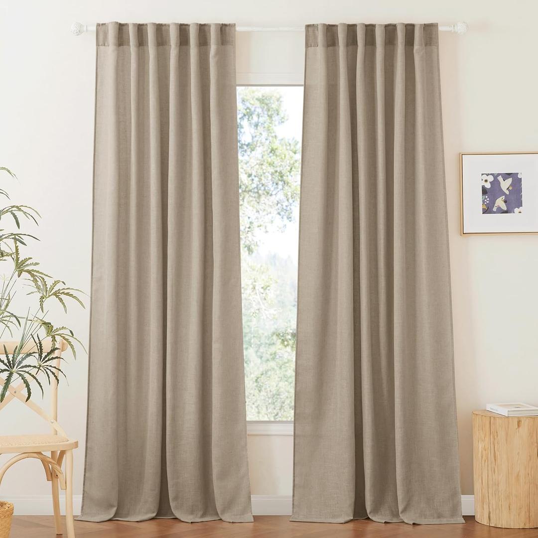  Light Filtering Linen Sheer Curtains, Back Tab Rod Pocket Privacy Protected Linen Blend Burlap Panels for Farmhouse/Living Room/Dining Room, Khaki, Length 84 by Width 52 inch, 2 Panels
