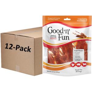 Good n Fun Triple Flavor Wings Chews for All Dogs, 12 Ounces, Treat Your Dog to Long-Lasting Chews Made with Chicken, Pork Hide and Beef Hide (EXP 02/24/28)