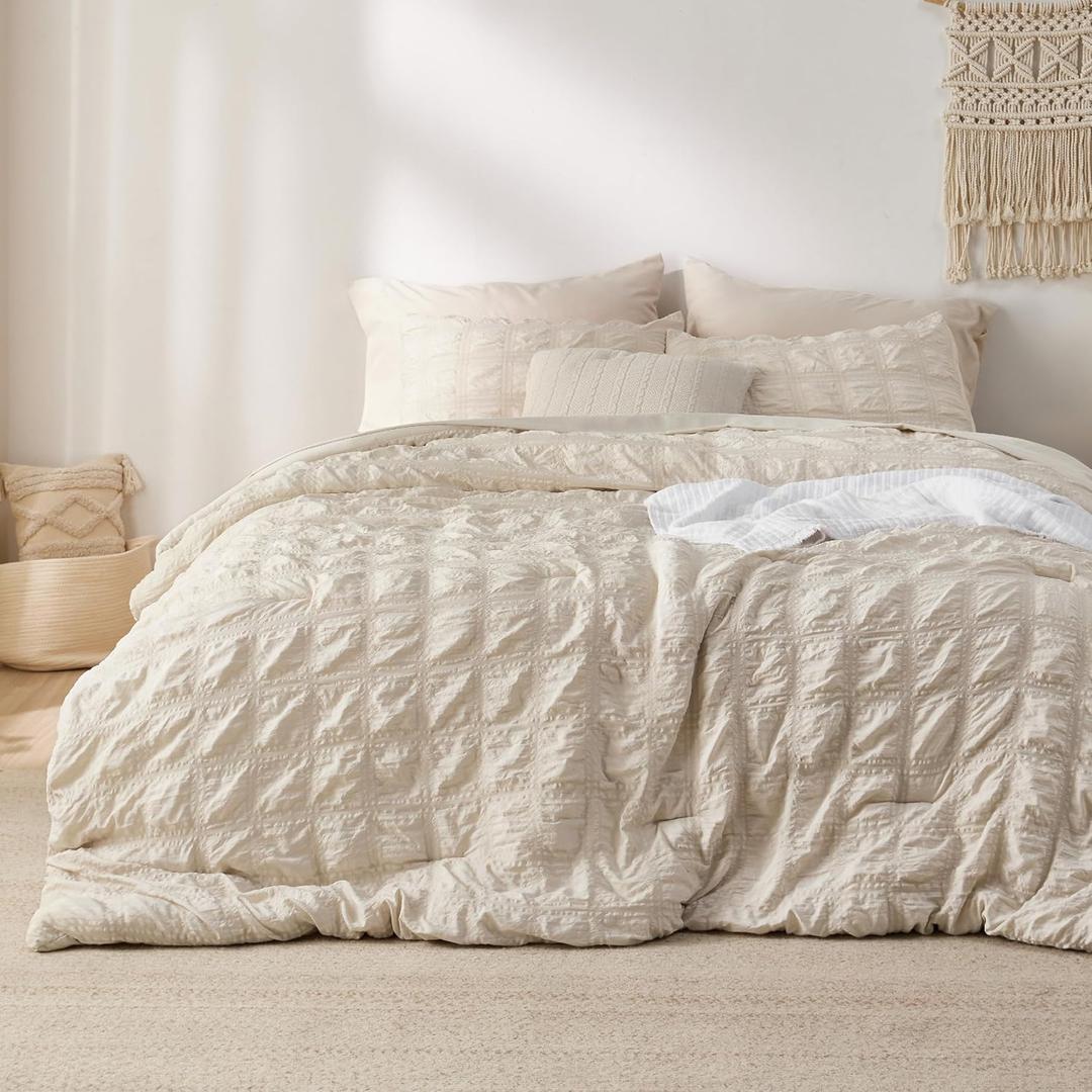 Bedsure Bed in a Bag Twin - 5 Pieces Plaid Seersucker Bedding Comforter Sets, Soft Lightweight Beige Boho Bed Set with Comforters Twin Size, Sheets, Pillowcase & Sham