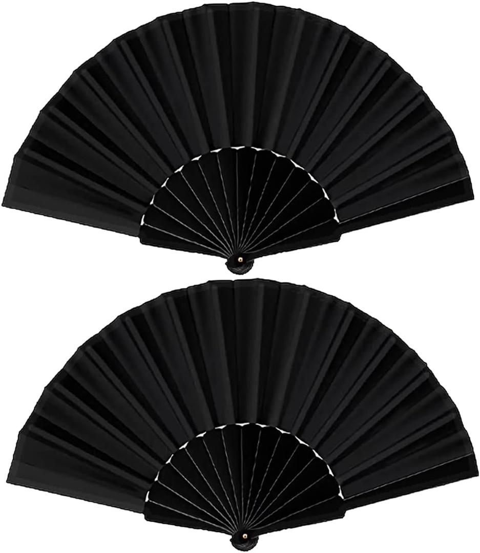 2 Pcs Black Folding Hand Fan, Nylon-Cloth Fabric Bamboo Hand Held Fans Vintage Chinese Foldable Fan for Women Wedding Favors Gift Dance DIY Craft Home Decoration