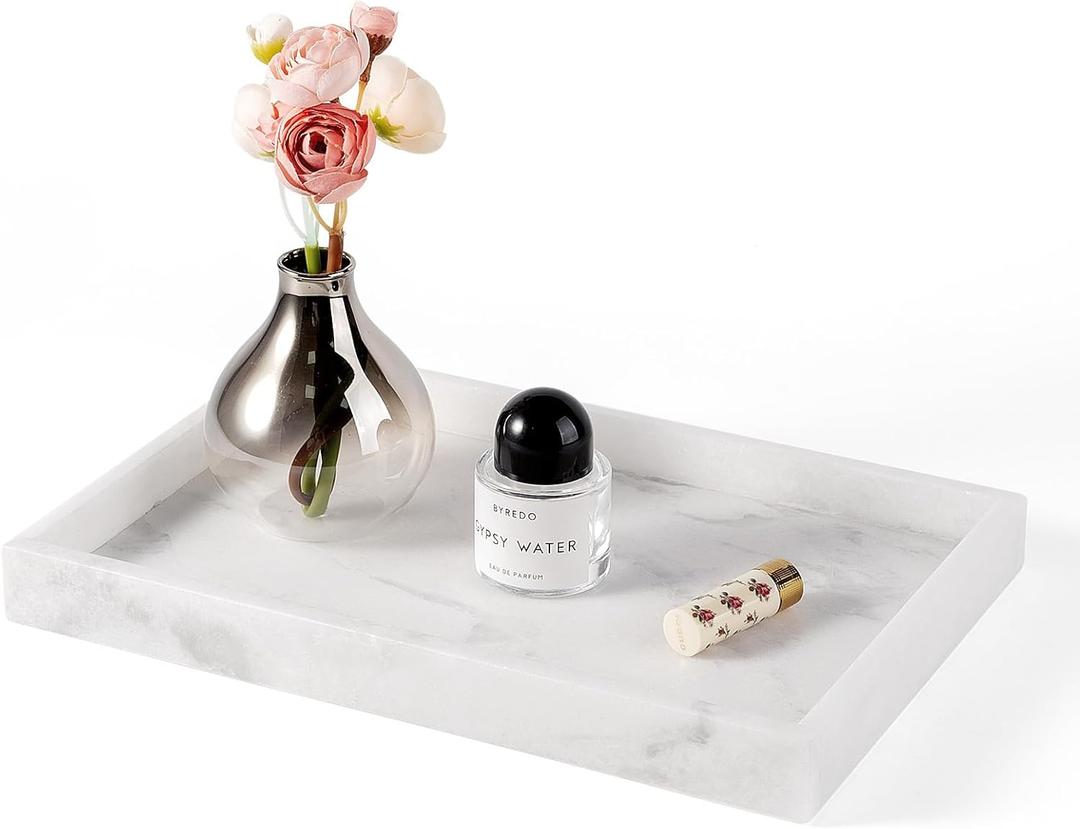 Erongoo Real Natural Marble Tray, 11.7" x 7.8" Decorative Vanity Tray for Bathroom Countertop, Kitchen Counter, or Catchall, White Coffee Table Tray for Jewelry, Perfume, Candles, Office, Home Decor