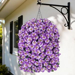 HyeFlora 4pcs Artificial Flowers for Outdoors Fake Pansy with Hanging Basket UV Resistant Silk Spring Faux Flowers for Outside Front Door Porch Yard (Light Purple)