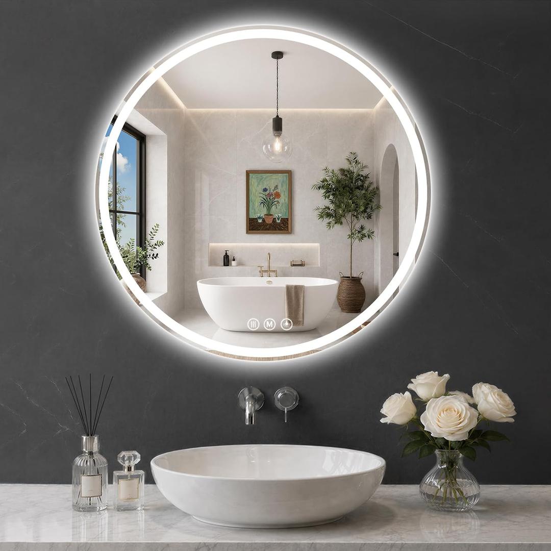 Round LED Bathroom Mirror, 32 Inch, HD Shatterproof Tempered Glass