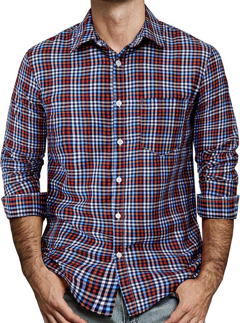 Mens Gingham Button Down Shirt Long Sleeve Dress Shirts Business Casual Shirts with Pockets (XX-Large, Red Blue)
