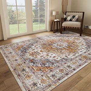 112"x120 Inch, Area Rugs for Living Room,Stain Resistant Washable Rug,Non-Slip Backing Rugs for Bedroom,Kitchen,Printed Vintage Home Decor Rug (Turmeric/Grey)