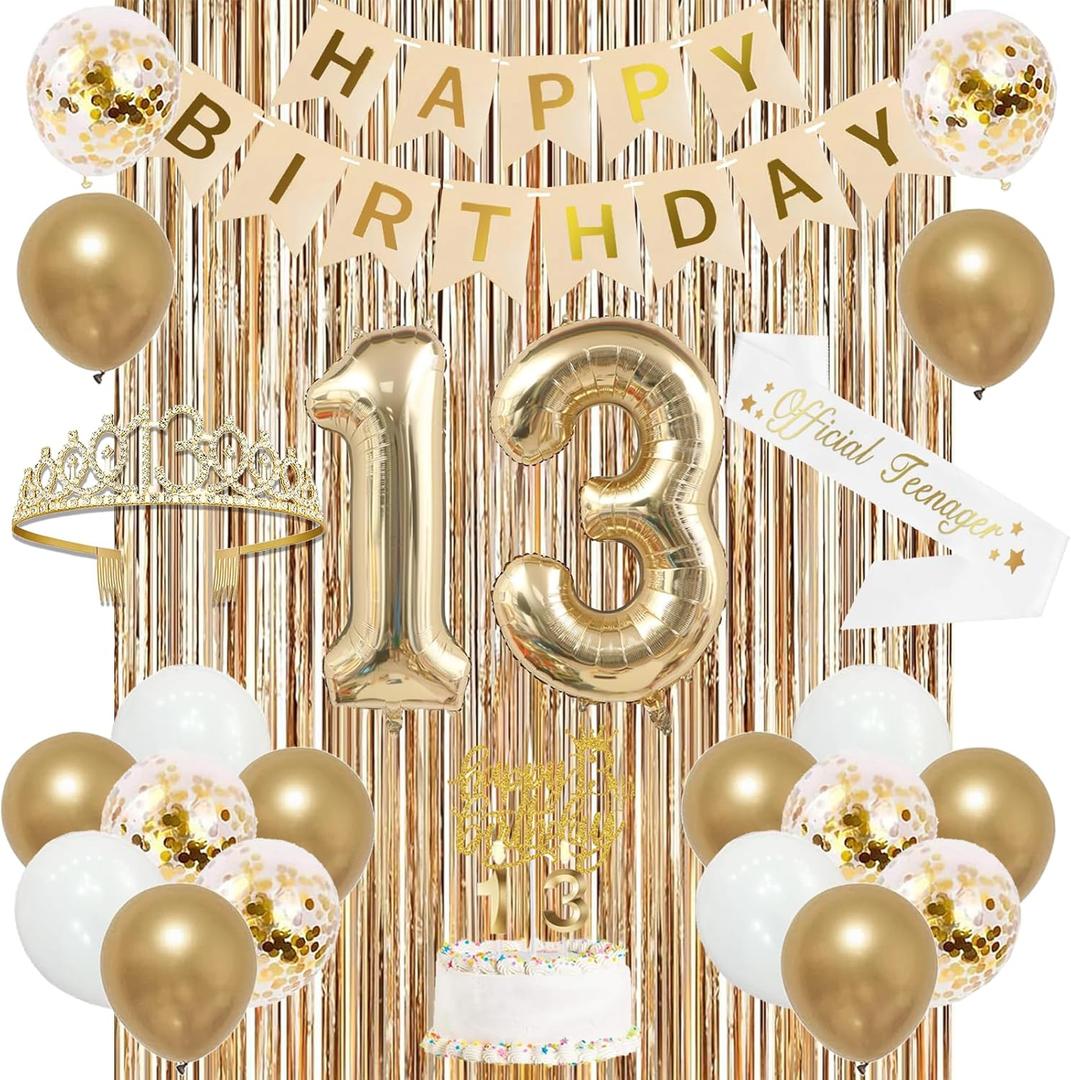 Trgowaul 13th Birthday Decorations for Girls, Banner, Sash and Crown, Cake Topper, 13 Number Balloon, Fringe Curtains, Champagne Gold 13 Birthday Party Supplies