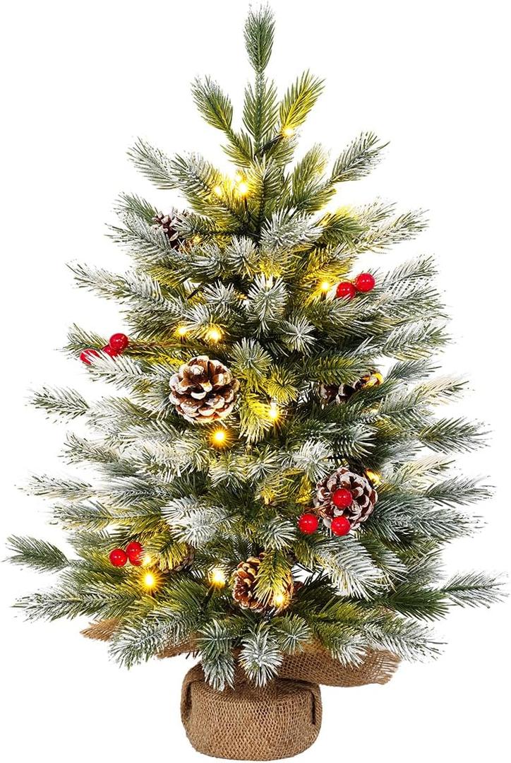 Pre-Lit 2ft Mini Artificial Christmas Tree, 50LED Lights, Red Cloth Base with for Table Desk Home Christmas Decor White