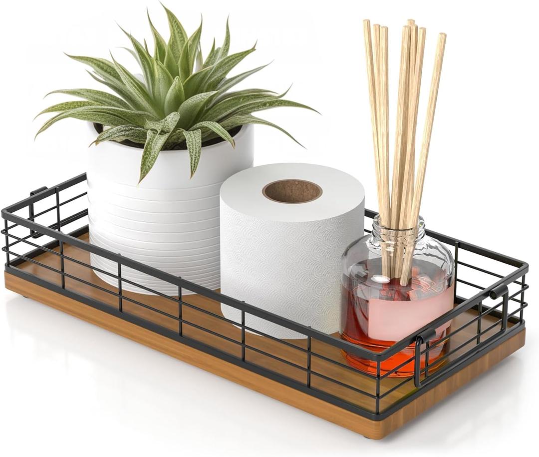 Toilet Paper Basket, 13" Bathroom Basket with Handle, Wood & Iron Toilet Tank Basket, Toilet Basket for Bathroom Tank Topper, Back of Toilet Basket for Living Room and Kitchen Counter (brown)