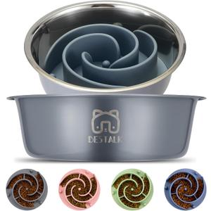 Stainless Steel Slow Feeder Dog Bowl, Bestalk 2-in-1 Metal Dog Bowls with Silicone Slow Feeder Insert for Small, Medium, Large Dogs(Grey, 2 Cups)