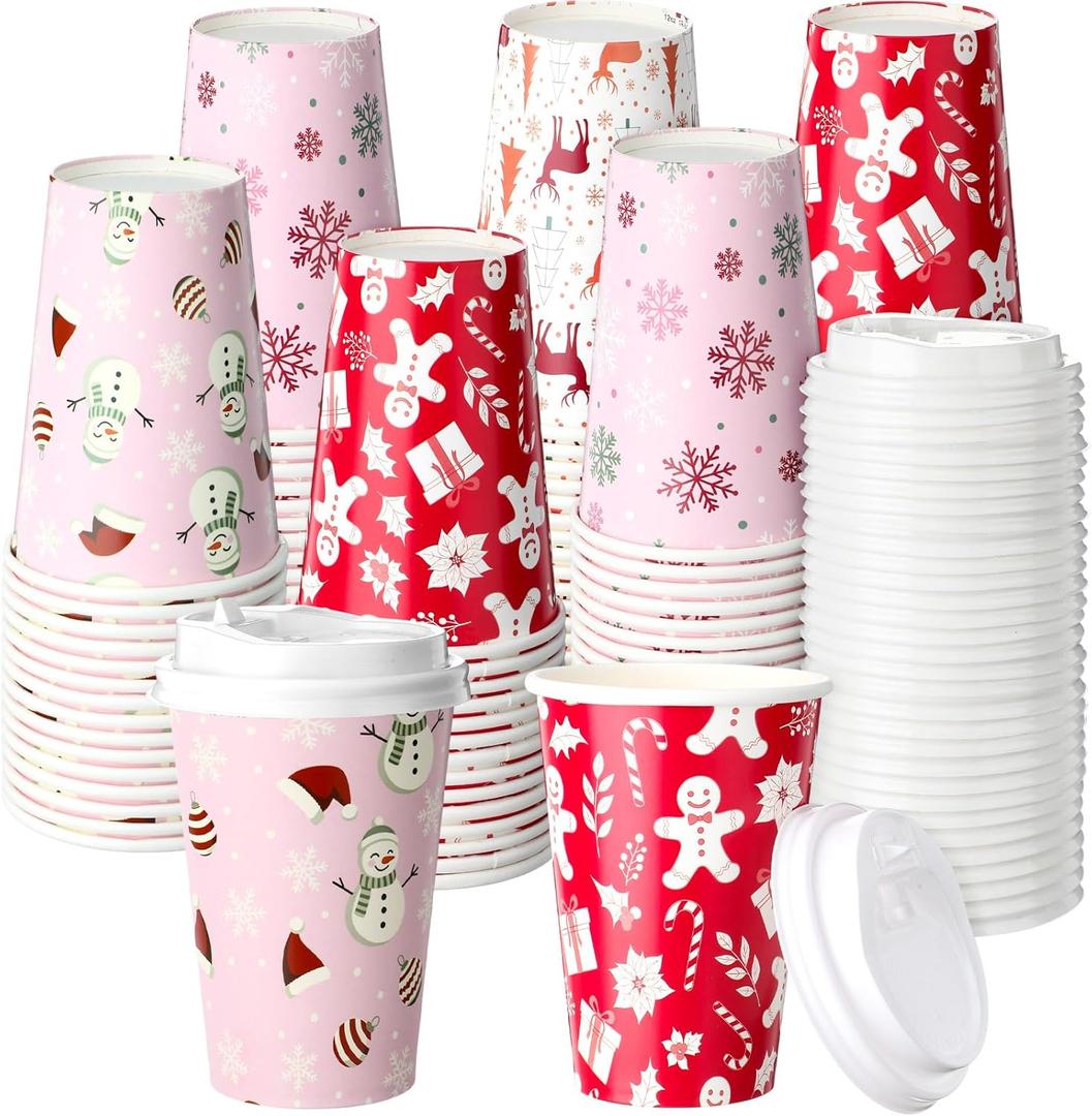 Jingmore 60 Pack 12 oz Christmas Disposable Hot Chocolate Coffee Cups with Lids, Christmas Pink Thickened Coffee Cups for Hot Cocoa Chocolate Beverages Tea Drinks Winter Xmas Holiday Party Supplies
