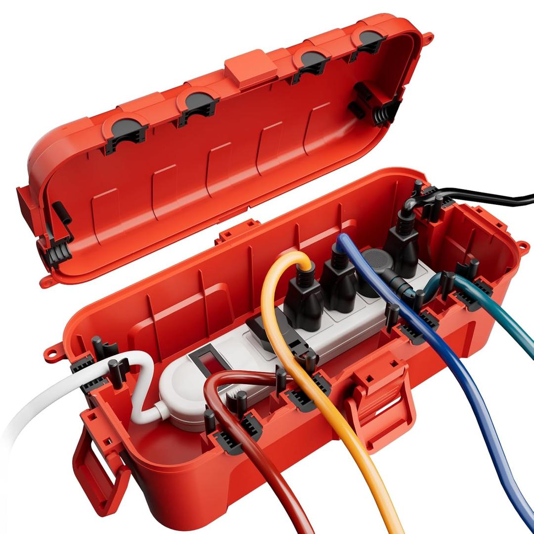 Flemoon Medium Outdoor Electrical Box (11.5x5.2x4 inch), IP54 Waterproof Extension Cord Cover w/6 Cable Entry Ports, Weatherproof Connection Box for Power Strip, Timer, Plug, Holiday Lights, Red