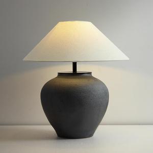 18.8" Black Vintage Distressed Ceramic Pot Table Lamp with Fabric Shade Rustic Farmhouse Table Lamps for Living Room Decorative Bedside Nightstand Lamp for Living Room Hotels Office