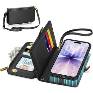 TUCCH Crossbody Detachable Wallet Case for iPhone 17 (6.3") 2025, 9 Card Slots RFID Blocking | Wireless Charging | Wrist Strap | Lanyard | Stand | Zipper Pocket | PU Leather Shockproof Cover | Black
