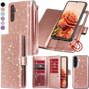 Varikke for Galaxy S22 Wallet Case Detachable with Card Holder for Women, Fashion PU Glitter Leather Strap Magnetic Flip Wallet Removable Phone Case Cover for Samsung Galaxy S22 5G 6.1", Rose Gold