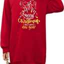 KIMSOONG Womens Christmas Dress Xmas Tree Sweatshirt Dress Drawstring Hoodie Oversized Casual Split Hem Tops with Pocket, Large