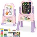 Mojitodon Art Easel for Kids, Adjustable Standing Rotatable Double Sided Easel with Painting Accessories for Toddlers Boys and Girls-Pink