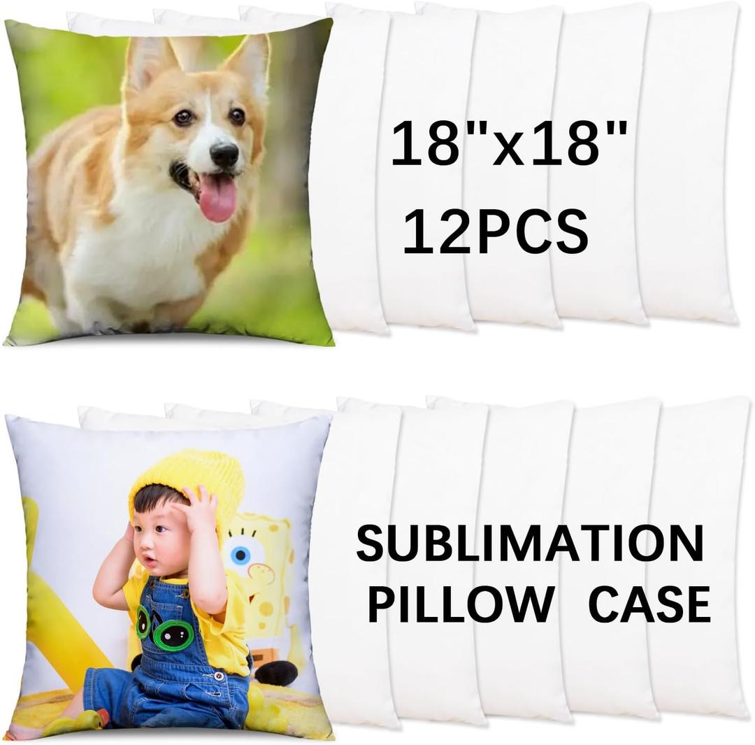 OKBA 12Pcs Sublimation Blanks Pillow Cases White Cushion Covers Blanks Throw Pillow Covers Heat Transfer DIY Custom Picture Pillow Covers Glossy Satin Cushion Covers(18 x 18 inches)