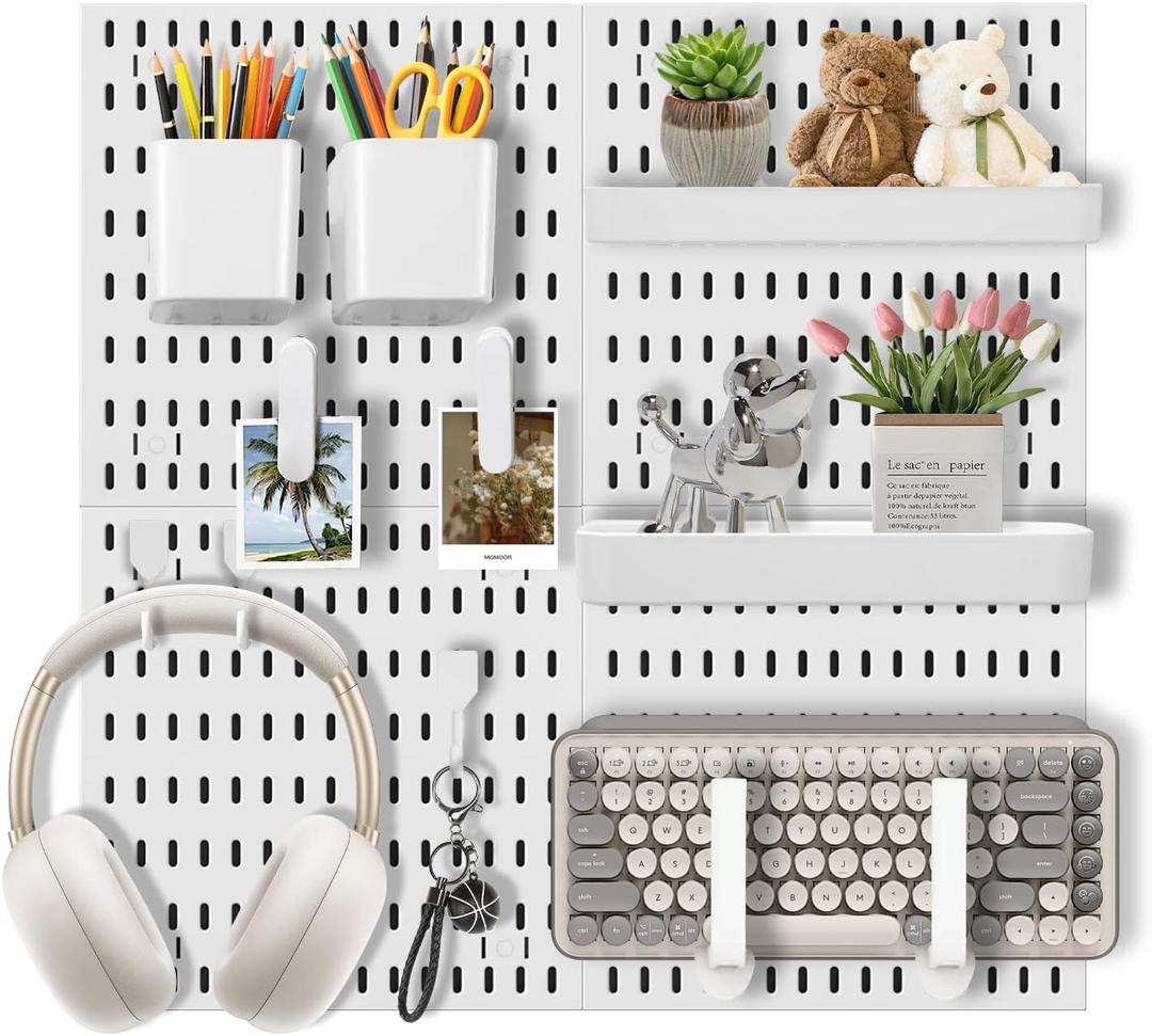 Pegboard Wall Organizer Set  4 Peg Boards with Hooks & Shelves  Office, Kitchen, Gaming Room Desk Pegboard Storage  Peg Board Wall Display Rack (White)