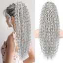 Flufymooz Ponytail Extension, 26 Inch Bohemian Style Drawstring Ponytail Hair Extensions for Women, Long Curly Wavy Pony Tail Natural Synthetic Hairpiece for Women (Grey/Silver/White Mixed)