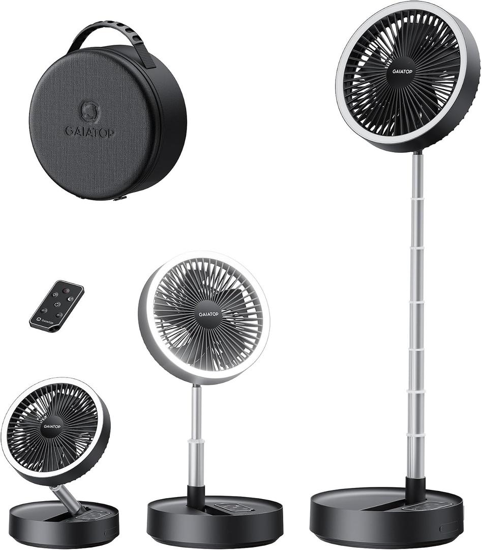 Gaiatop Portable Pedestal Fan 16000mAh Battery [Max 74h Runtime], Foldable Oscillating Standing Fan, Collapsible Desk Fans, LED Light, Case & Remote Control 4 Speeds for Outdoor Travel Camping (Black), 3.6 " to 36.4" Stretching