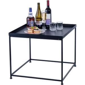 MyGift Tray Top Side Table, 24 Inch Square End Table with Raised Edge, Matte Black Metal Nightstand for Living Room, Bedroom, Small Spaces