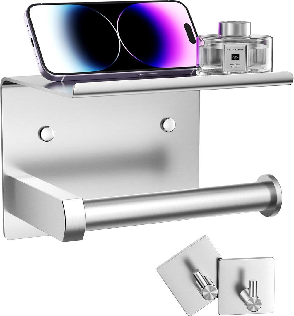 Tindbea Toilet Paper Holder with Phone Shelf + Towel Robe Hooks, Adhesive or Screw Wall Mounted Toilet Paper Roll Storage, Stainless Steel Bathroom Tissue Roll Holder (Brushed Nickel) (Regular)