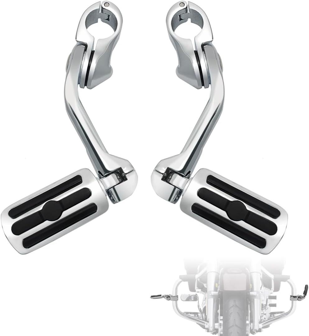 FOVPLUE 1.25" Highway Footpegs,Adjustable Long Angled Highway Pegs w/Mounts for Harley Touring Street Glide Electra Glide Road King Softail CVO Dyna Trike VRSC Sportster w/1-1/4" Engine Guard,Chrome#1