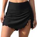 ALove Womens High Waisted Split Swim Skirt Sporty Drawstring Skirted Swim Bottom with Built-in Panty (Medium, Scalloped Black)