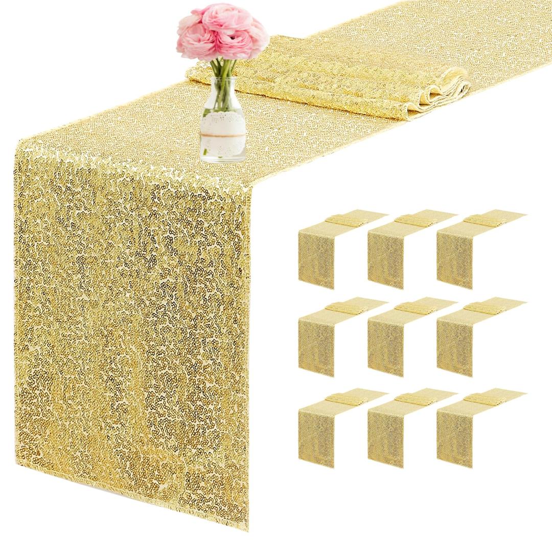 10 Packs 12 x 72 inches Sequin Table Runner, Gold Glitter Table Runner for Birthday Party Supplies Wedding Engagement Baby Shower Holiday Celebration Event Decorations