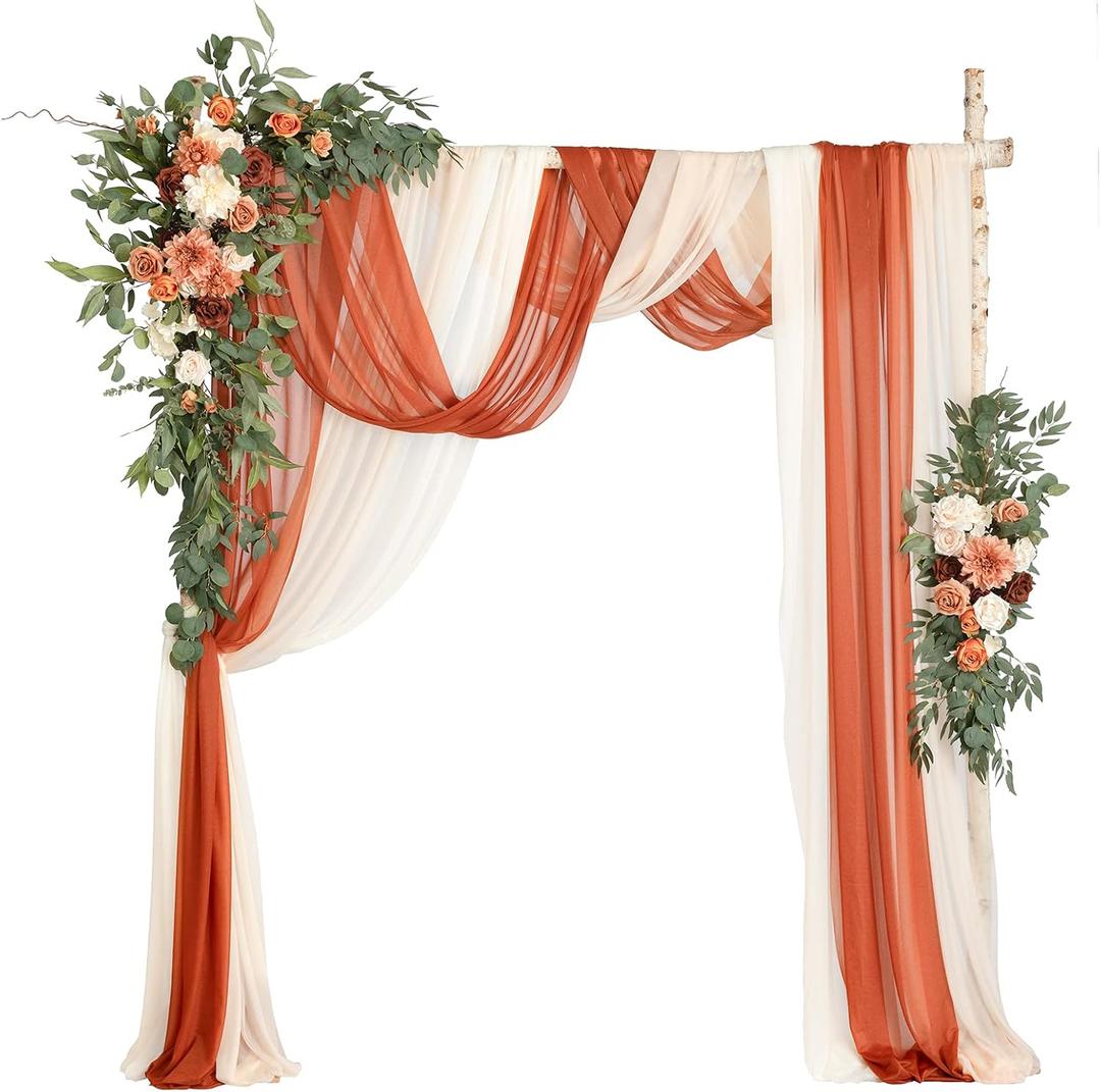Ling's moment Fall Wedding Arch Flowers with Sheer Drapes Kit - Artificial Terracotta and Burnt Orange Floral for Ceremony Backdrop, Arbor Decor, 5-Piece Set (2 Flower Stems + 3 Hanging Drapes), 4.5"D x 16"W x 50"H