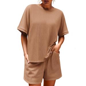 Imily Bela Womens 2 Piece Outfits 2025 Oversized Summer Short Sets Casual Beach Ribbed Short Sleeve Matching Set (M)