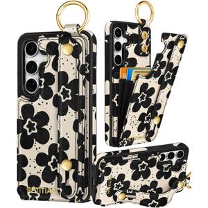 Petitian for Samsung Galaxy A35 5G Case with Wallet - Women Girls Cute Girly Aesthetic Unique Design Leather Credit Card Holder Cardholder Stand Wristband for Galaxy A35 5G, Black Flower