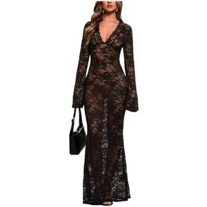 SHENHE Women's Black Lace Mesh Maxi Dress Sheer Sexy Floral Long Sleeve Bodycon Dresses M