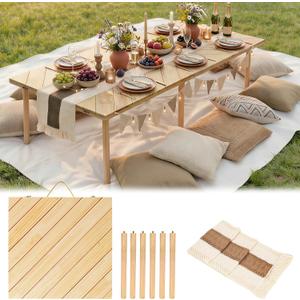 60 x 30'' Folding Picnic Table, Boho Low Picnic Table with Table Runner, No Assembly Required Camping Table Beach Table for Indoor Outdoor Camping, Wedding, Beach, Garden, Party