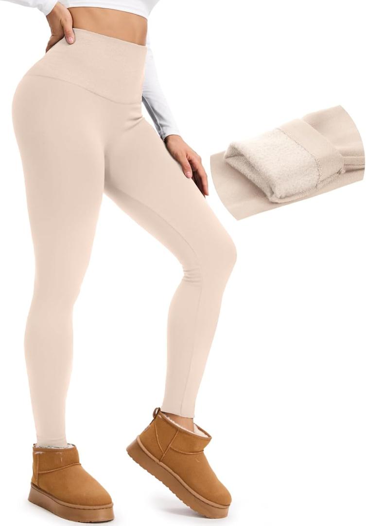 yeuG Fleece Lined Leggings for Women Thermal High Waisted Tummy Control Seamless Workout Yoga Pants (Small-Medium, Light Apricot)