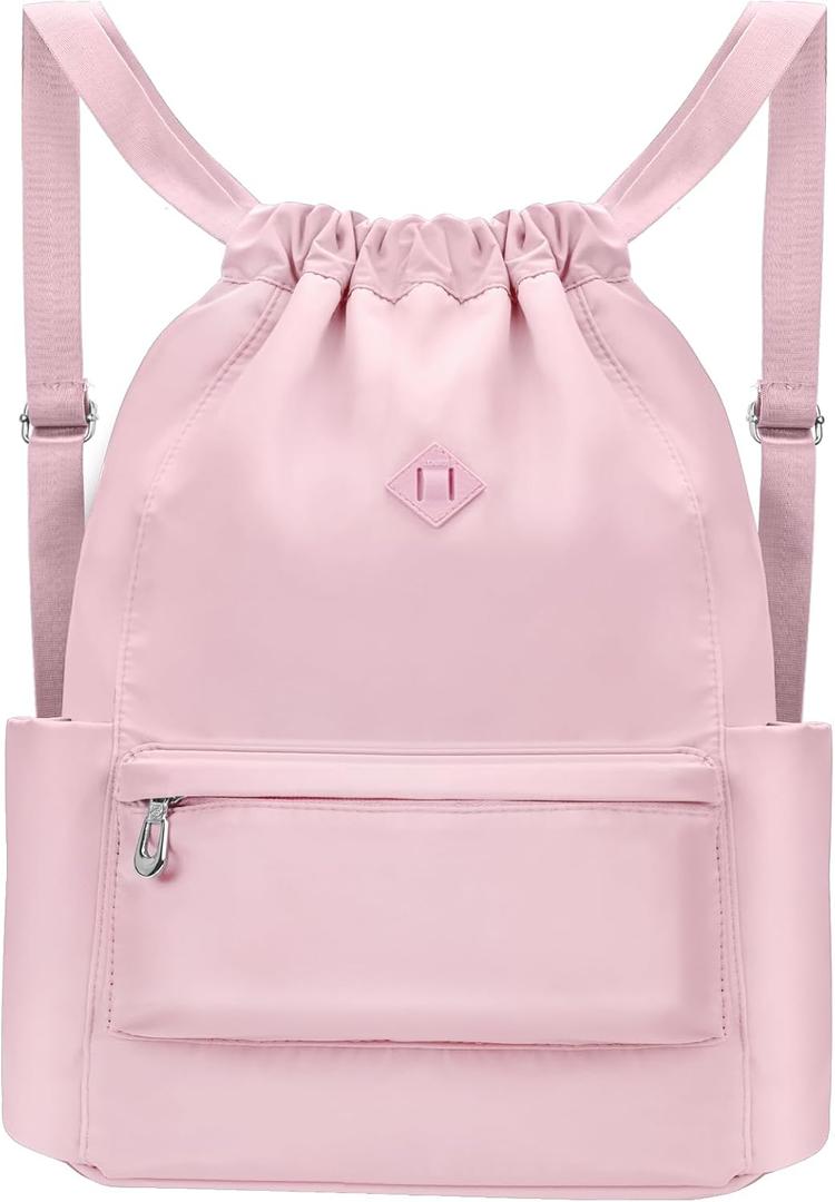 Drawstring Backpack with Wet Pocket Gym Backpack Water-Resistant Cinch String Bag Beach Swim for Women Men (Pink)