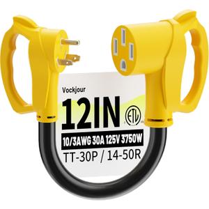 30 Amp to 50 Amp RV Adapter 3 Prong 12 Inch, NEMA TT-30P Male to NEMA 14-50R Female, Heavy Duty RV Electrical Adapter Cord for Camper, STW 10AWG 30A 125V 3750W, Yellow, ETL Listed