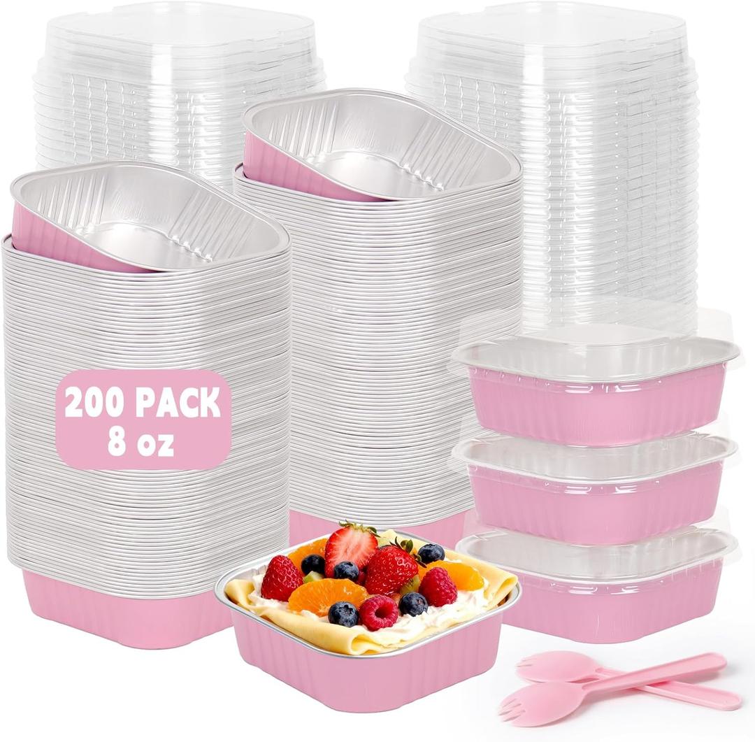 200 Pack 8 oz Pink Square Mini Cake Pans with Lids, Aluminum Foil Square Brownie Baking Cups for Ramekins Muffin Cupcake Wedding Birthday Party