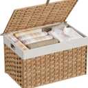 HOOBRO Storage Basket with Lid, 17.2 Gallon (65L) Wicker Basket, Handwoven Blanket Storage Basket with Handles, Metal Frame and Soft Lining, Foldable for Bedroom, Laundry Room, Natural NL265CW01