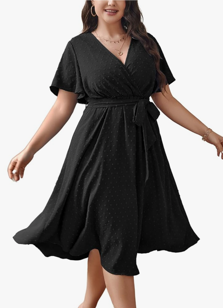 SCOMCHIC Womens Plus Size Wedding Guest Cocktail Midi Dress Summer Short Sleeve Wrap V Neck Belted A-Line Flowy Dress, 2XL
