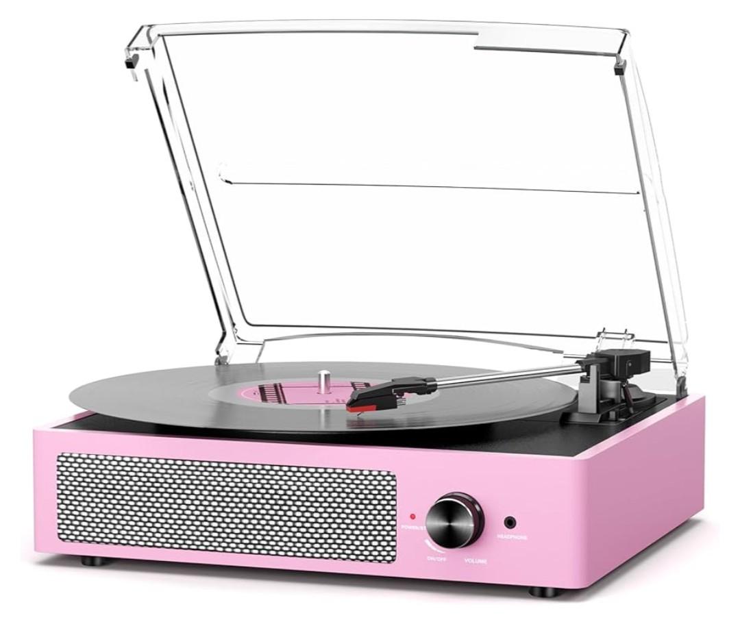 Vinyl Record Player with 2 Stereo Speakers Belt-Driven Vintage Turntables 3 Speed 3 Size Wireless Bluetooth Playback AUX-in RCA Out Headphone LP Vinyl Players Auto Stop Pale Pink