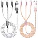 IDISON Multi Charging Cable (4ft 2Pack), 3 in 1 Charging Cable Nylon Braided USB A/C Port iPhone Charger Cord with Type C Lightning USB for Apple iPhone Android Phone -Silver Rose