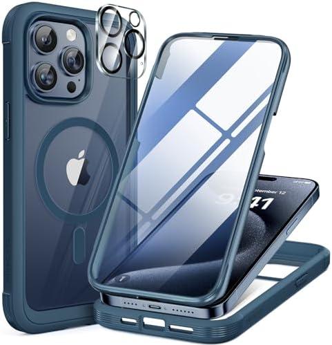 Miracase Magnetic for iPhone 15 Pro Max Case 6.7'' [Compatible with Magsafe] Full-Body Drop Proof Bumper Phone Case for iPhone 15 Pro Max with Built-in 9H Tempered Glass Screen Protector,Blue