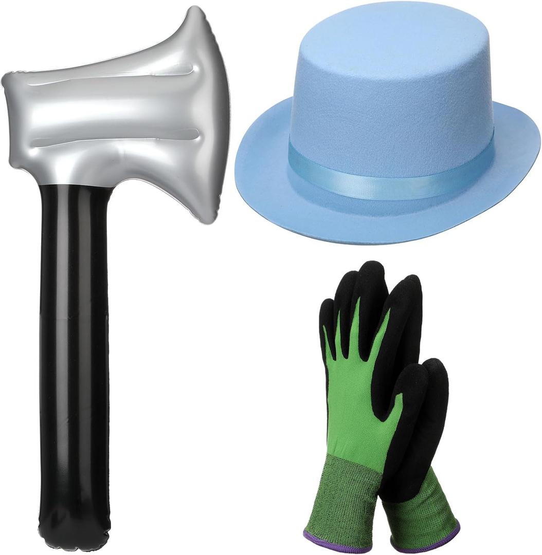3 Pcs Halloween Costume for Men Included Blue Top Hat Green Textured Gloves and Bloody Inflatable Axe Dumber Costume for Women Adults Halloween Props Accessories
