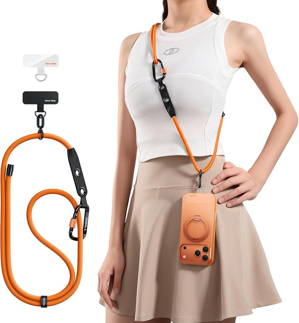 TORRAS Phone Lanyard with Hanging Loops, Adjustable Anti Theft Phone Strap Crossbody for iPhone 17 Pro,Skin-Friendly,2 Tabs, Universal Cell Phone Neck Lanyard for Daily & Outdoor Activities, Orange