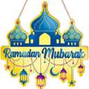 LHIEUM 11in Vintage Ramadan Mubarak Decoration Eid Mubarak Lights Hanging Sign Moon Stars Islamic Ramadan Wreath Front Door Ramadan Castle Crafts Muslim Symbol Wood Decor for Living Room Prayer Room