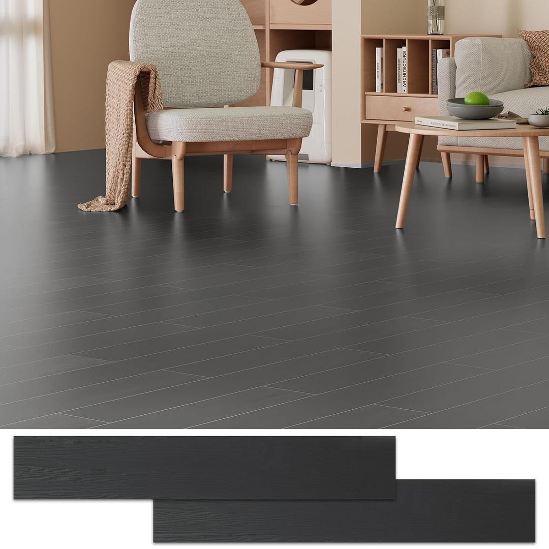 Peel and Stick Floor Tile, 36 Pcs 54 Sq.Ft Waterproof Wood Grain Luxury Vinyl Plank Flooring, Easy DIY Self Adhesive Vinyl Floor for Kitchen, Living Room, Bedroom, RV, Black