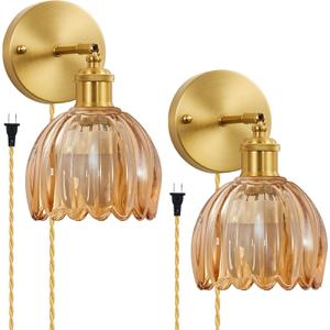 Plug in Wall Sconces Set of 2, Vintage Wall Lamp with Plug in Cord Amber Tulip Shade Decor Indoor, Gold Wall Light for Bedroom Bedside Kids Living Room Bathroom