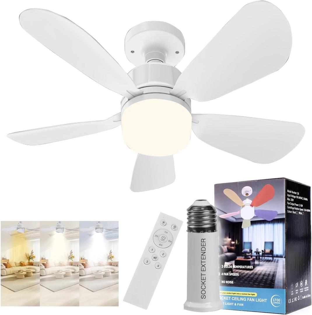 Socket Fan Light with Remote, 18.5" Screw in Ceiling Fan in Light Socket Extender with Timer Setting, E26 E27 Screw-in Replacement Light Bulb Fans for Bedroom, Kitchen, Garage(White)