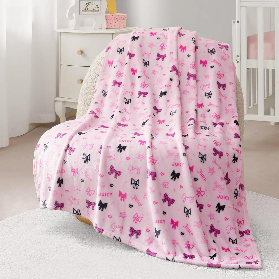 Juicy Couture Baby 40" x 50" Plush Throw, Pink Juicy Ribbon Cozy Nursery, Crib, or Stroller Throw Blanket